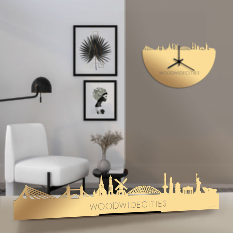 Standing Skyline WoodWideCities Metallic Goud gerecycled kunststof cadeau decoratie relatiegeschenk van WoodWideCities